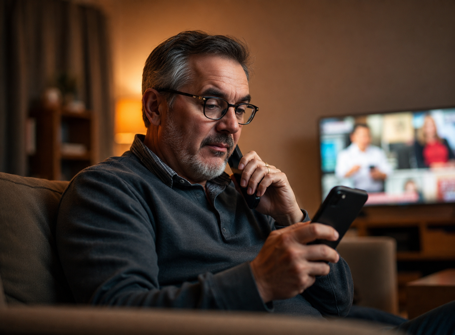 A consumer on the phone at home with a TV in the background