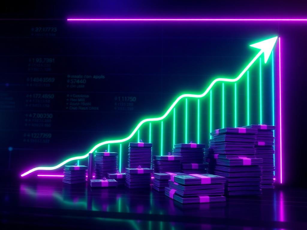 An upward trending cashflow chart with stacks of money